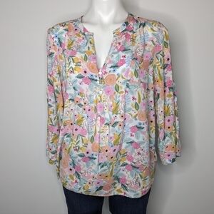 ✨3/$15 Christian Siriano pink yellow floral 3/4 sleeve blouse M